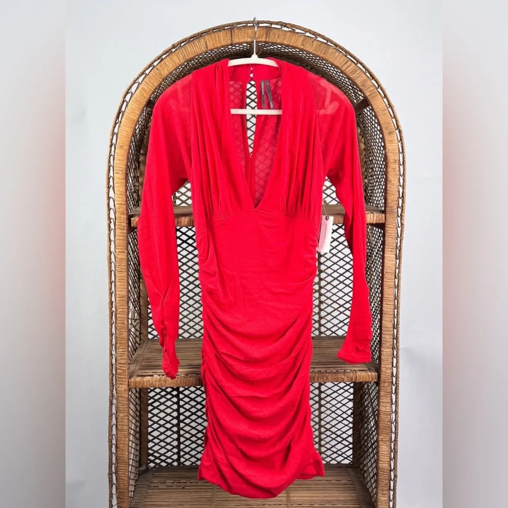 Anthropologie V-Neck Ruched Mesh Midi Dress Red Long Sleeve Size M NWT - Picture 5 of 8